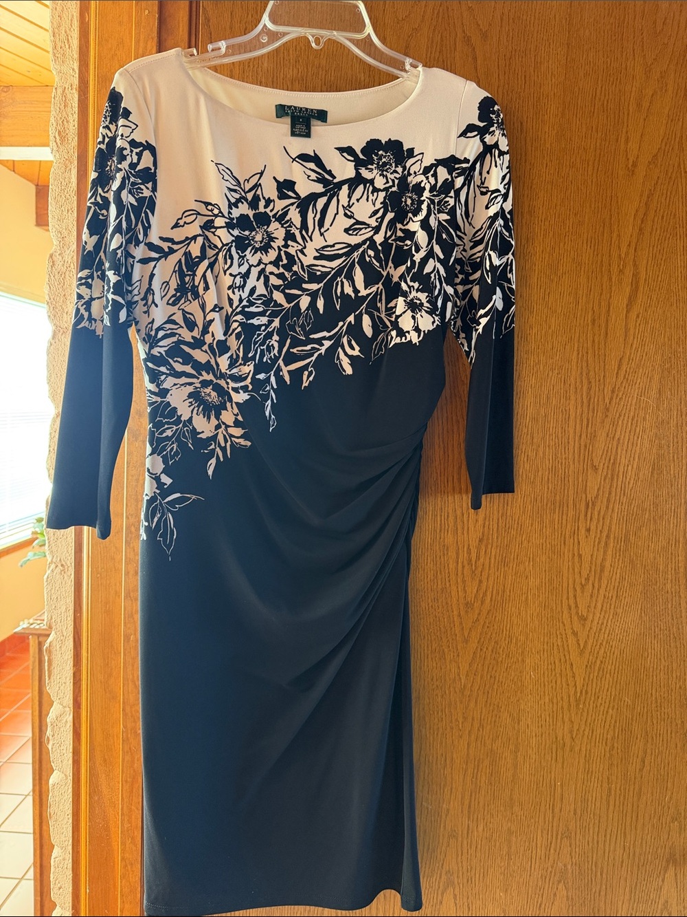 Lauren Ralph Lauren Navy and White Floral Sheath Dress with Long Sleeves